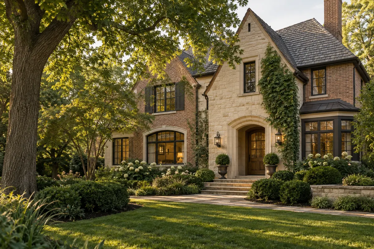 Illustrative stone home surrounded by mature trees in warm afternoon light