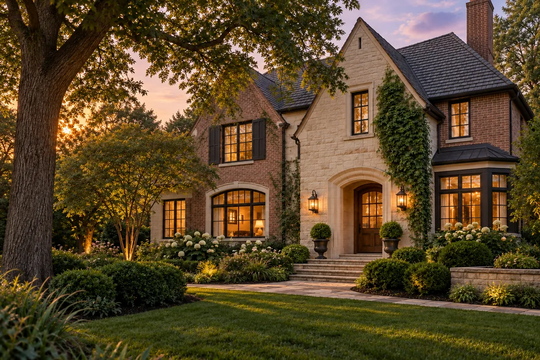 Illustrative future scene of the same home with warm windows and a soft lavender evening sky